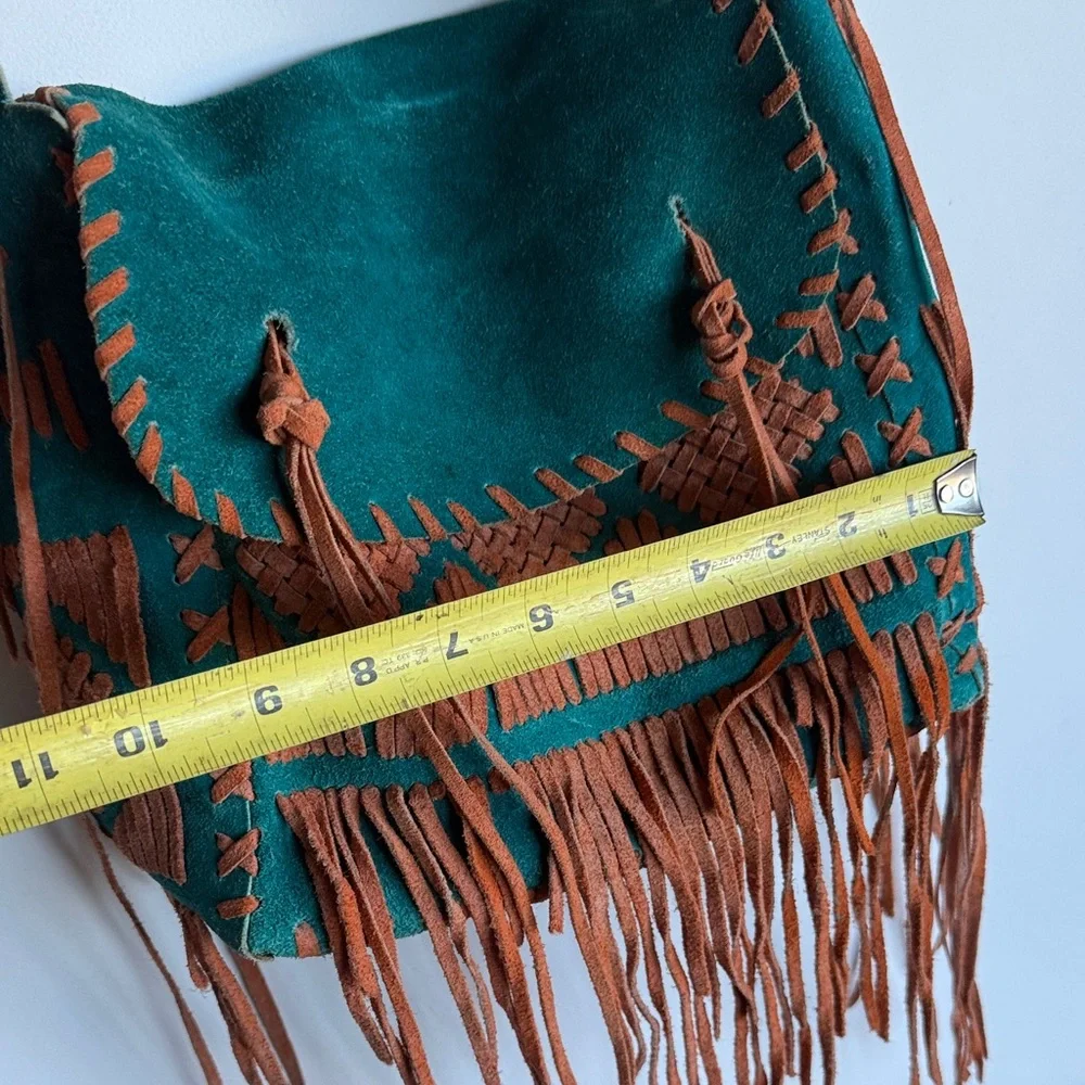 Bohemian Fringe Suede Shoulder Bag - Teal and Brown - Picture 4 of 6